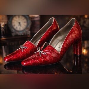 Bellini Crimson Croc-Embossed Heels with Bow